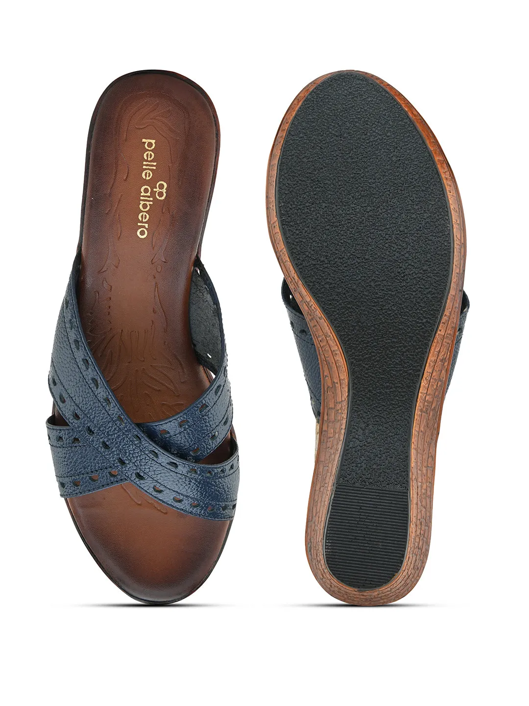 Pelle Albero Women's Blue Leather Slip-On Wedge Heel Sandals