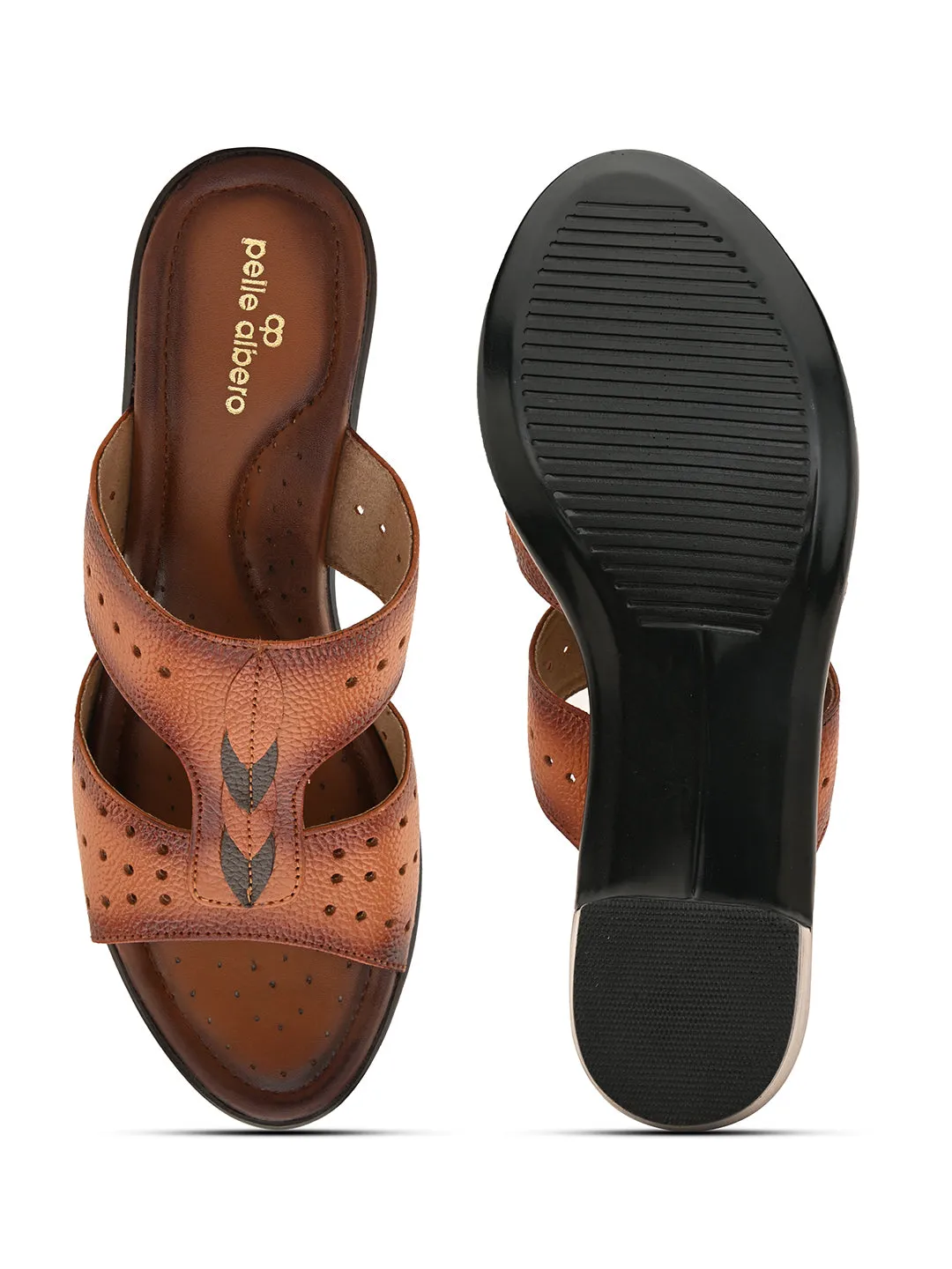 Pelle Albero Women's Tan Leather Slip-On Block Heel Sandals