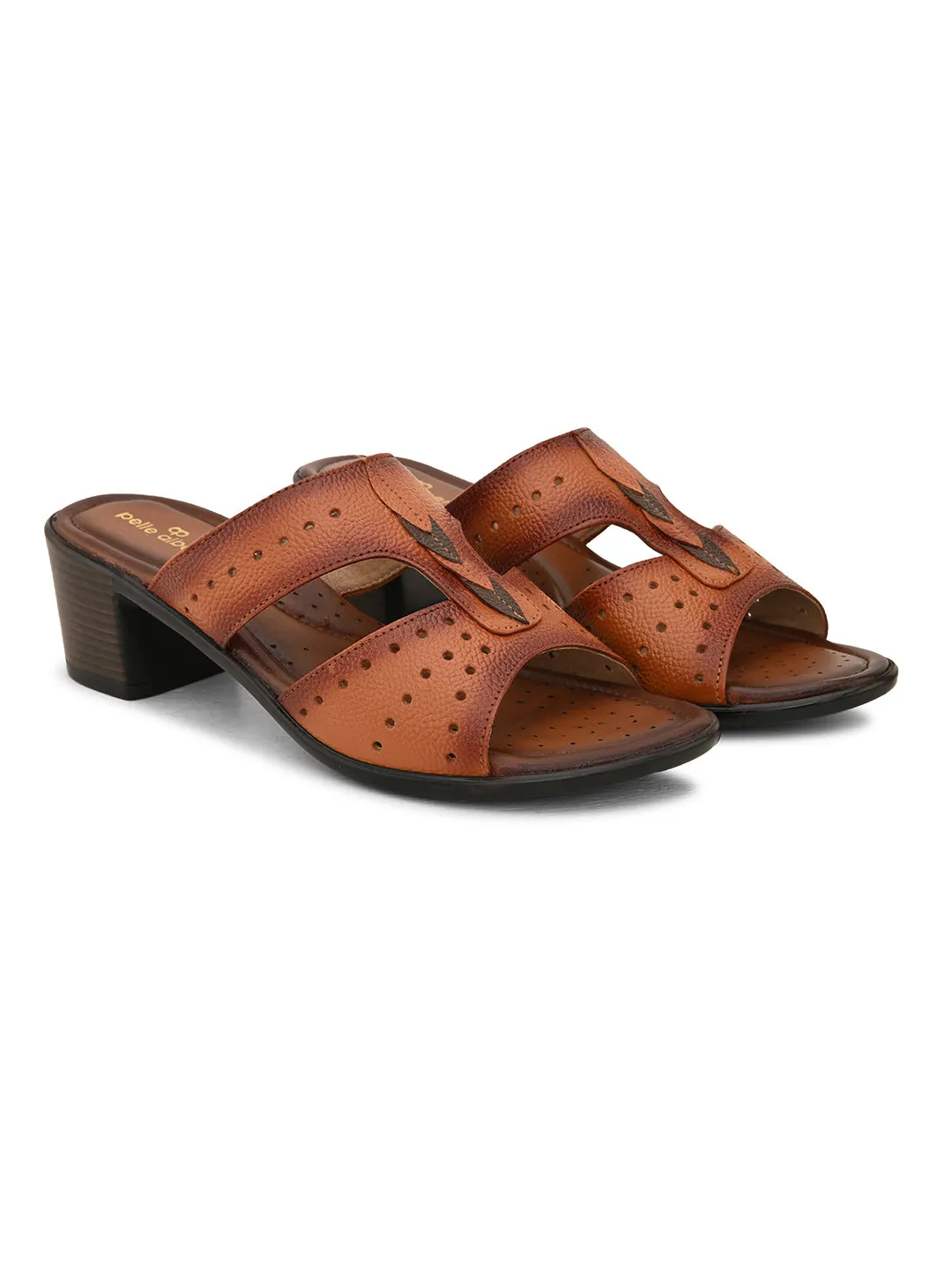 Pelle Albero Women's Tan Leather Slip-On Block Heel Sandals