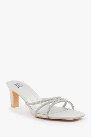 PENELOPE WIDE FIT SQUARE TOE LOW BLOCK HEEL WITH DIAMANTE STRAP DETAIL IN SILVER SATIN