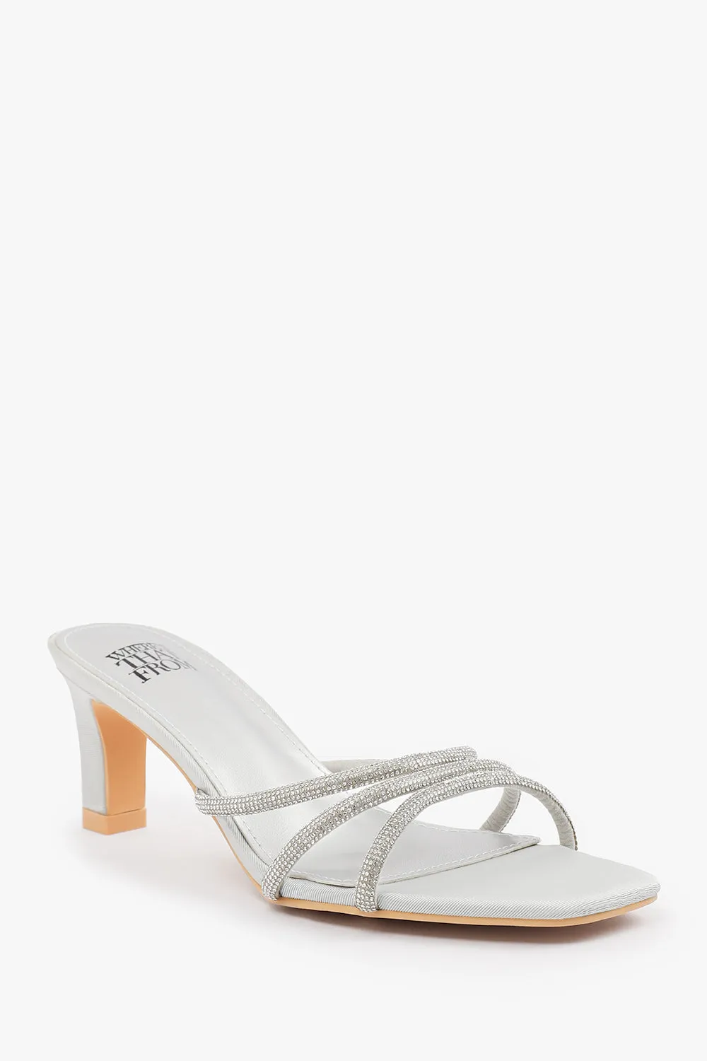 PENELOPE WIDE FIT SQUARE TOE LOW BLOCK HEEL WITH DIAMANTE STRAP DETAIL IN SILVER SATIN