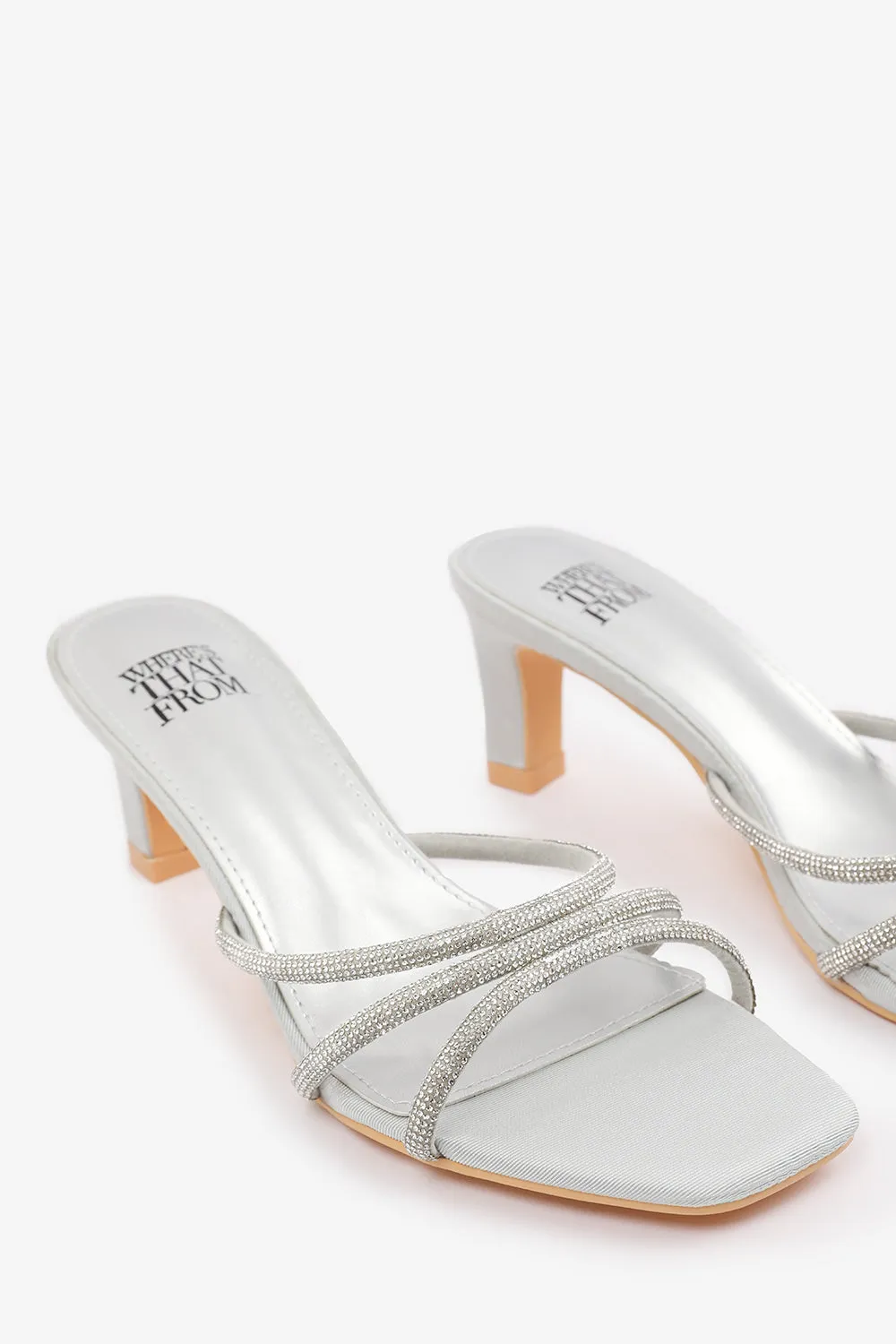PENELOPE WIDE FIT SQUARE TOE LOW BLOCK HEEL WITH DIAMANTE STRAP DETAIL IN SILVER SATIN