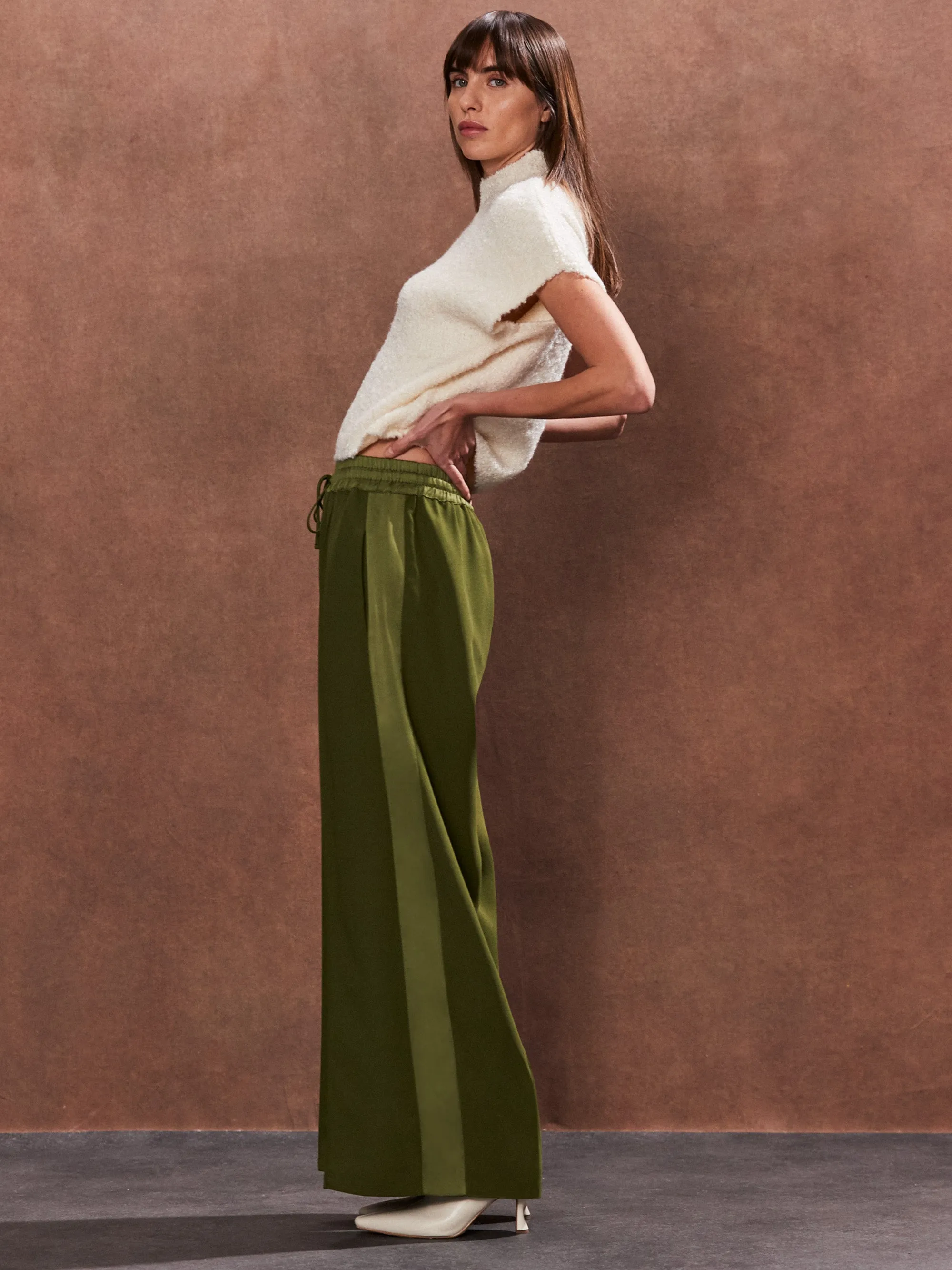 Petite Khaki Satin Side Stripe Trousers