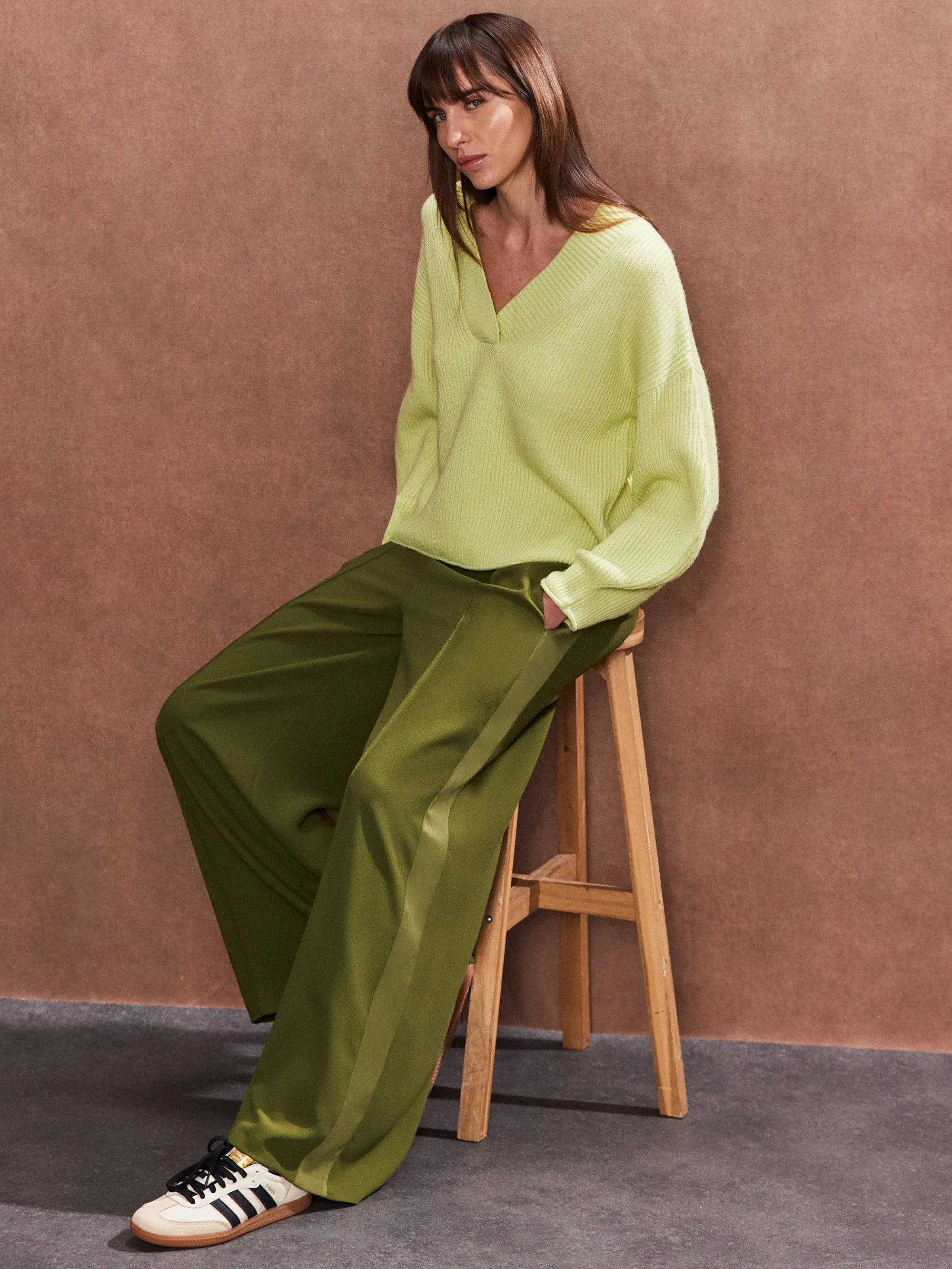 Petite Khaki Satin Side Stripe Trousers