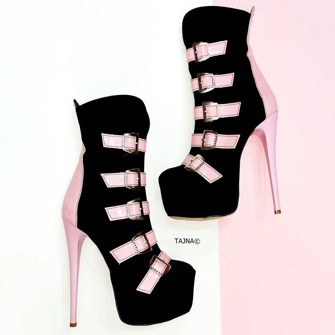 Pink Black Multi Belted Ankle Boots