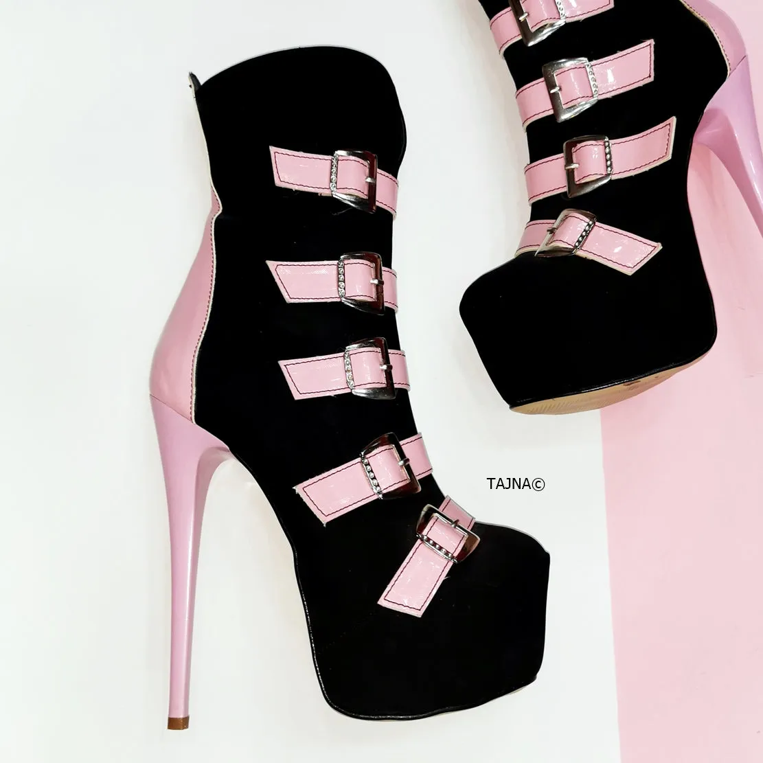 Pink Black Multi Belted Ankle Boots