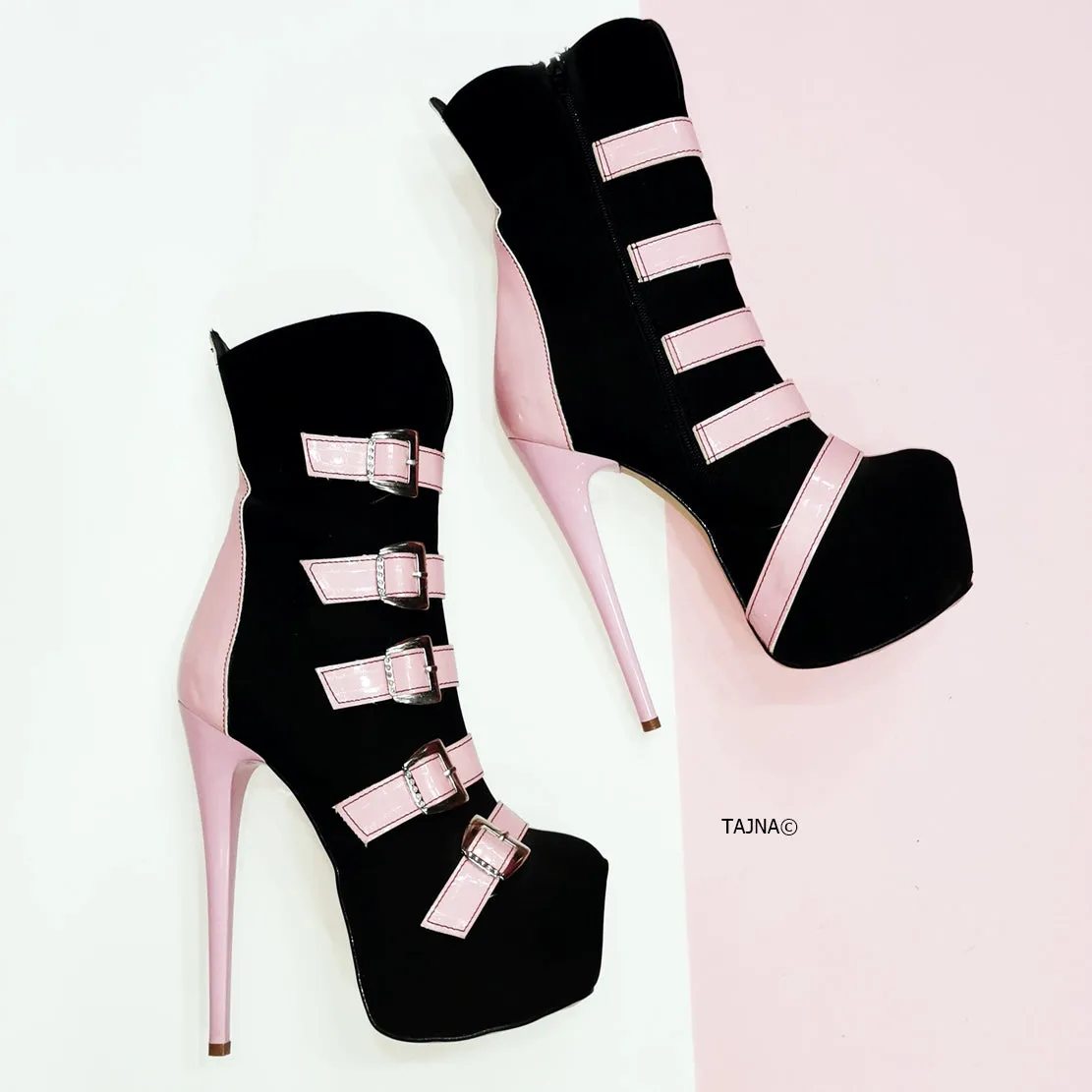 Pink Black Multi Belted Ankle Boots