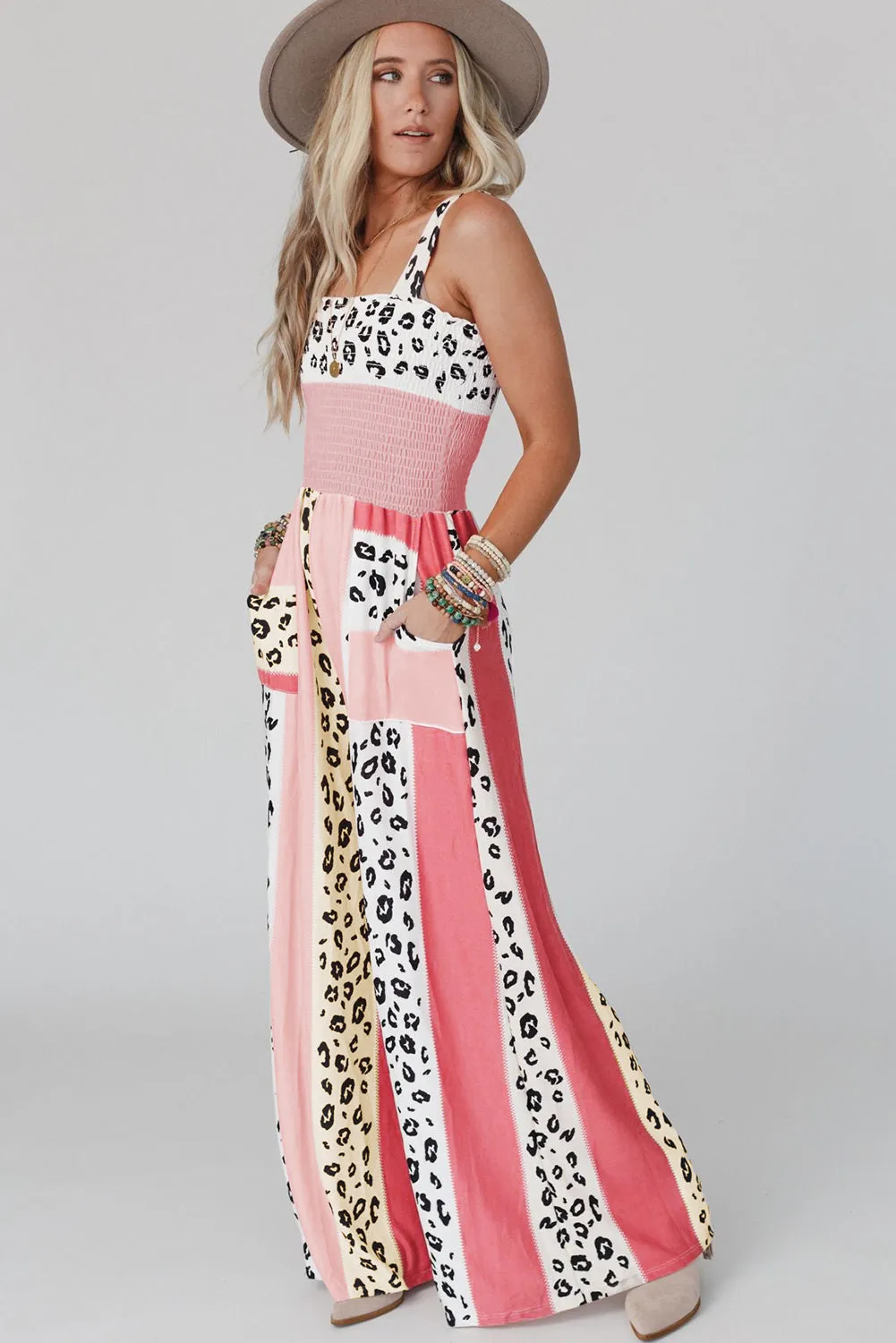 Pink Leopard Color Block Patchwork Strap Jumpsuit