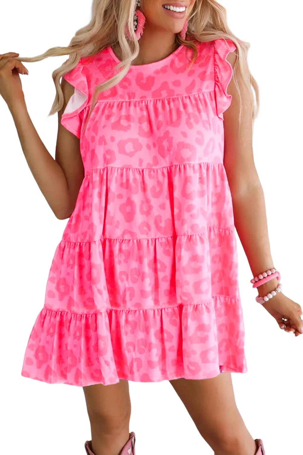 Pink Leopard Round Neck Ruffle Tiered Mini Dress