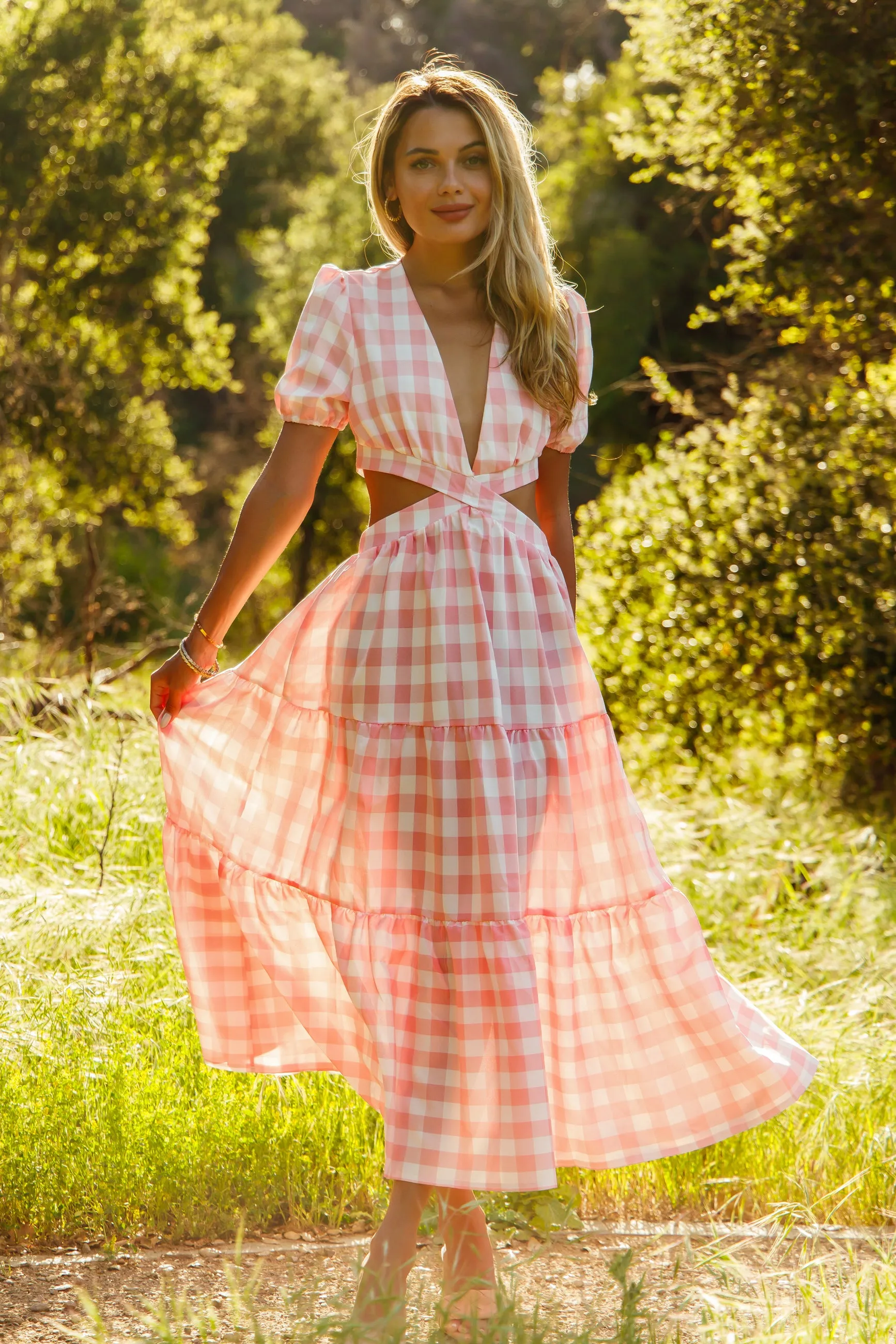 Pink Plaid V-neck Cut Out Maxi Dress