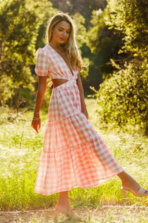 Pink Plaid V-neck Cut Out Maxi Dress