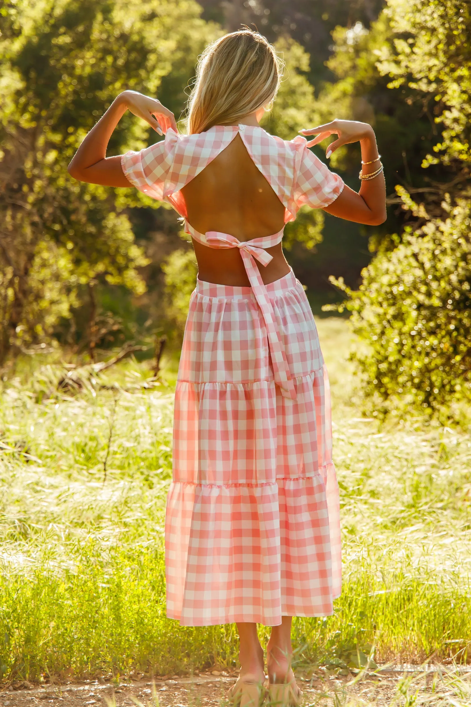 Pink Plaid V-neck Cut Out Maxi Dress