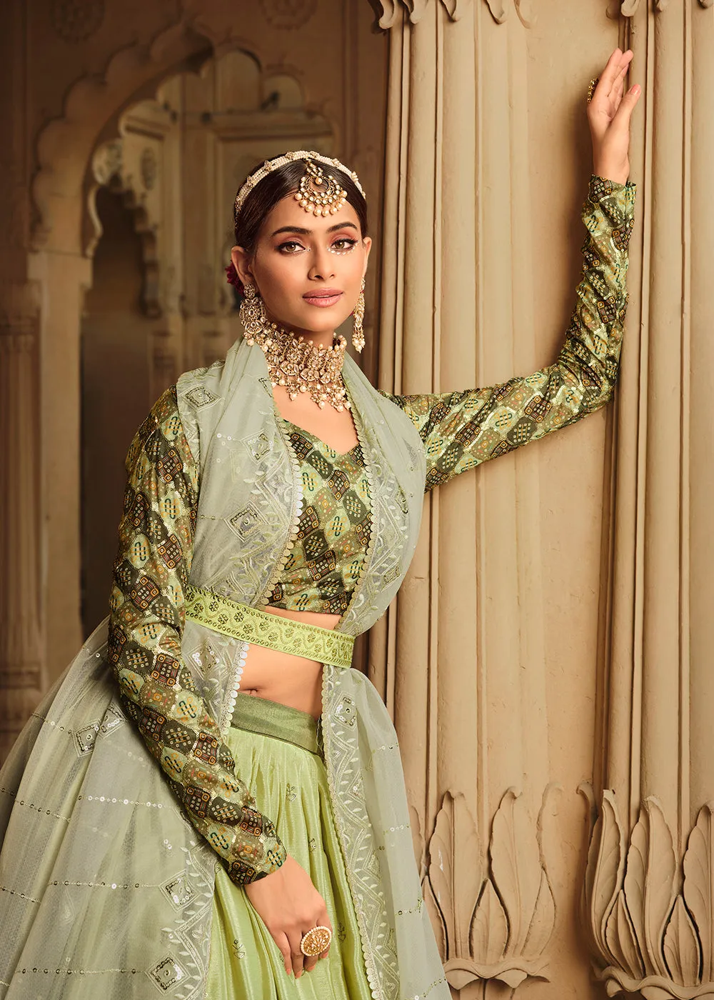 Pista Green to Mahendi Multi Color Sequins Festive Lehenga Choli