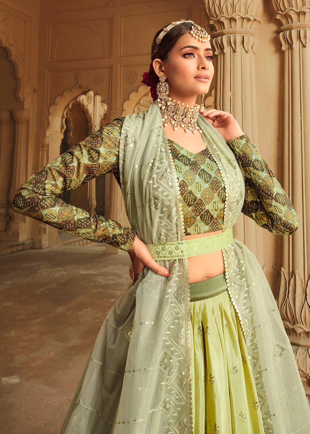 Pista Green to Mahendi Multi Color Sequins Festive Lehenga Choli