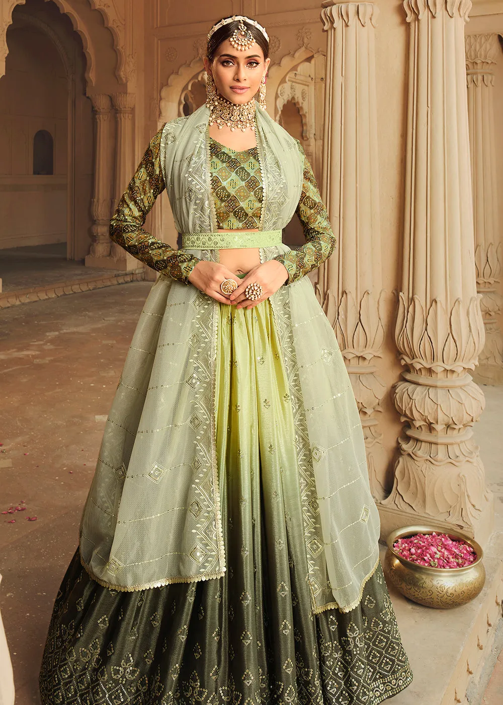 Pista Green to Mahendi Multi Color Sequins Festive Lehenga Choli