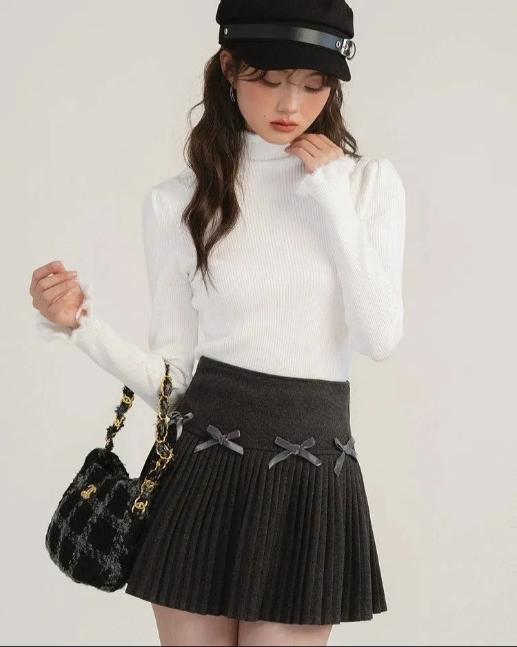 Pleated High-Waist Mini Skirt with Bow Accents