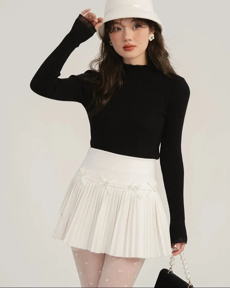Pleated High-Waist Mini Skirt with Bow Accents