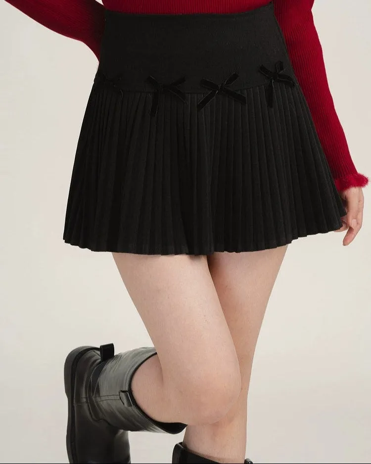 Pleated High-Waist Mini Skirt with Bow Accents