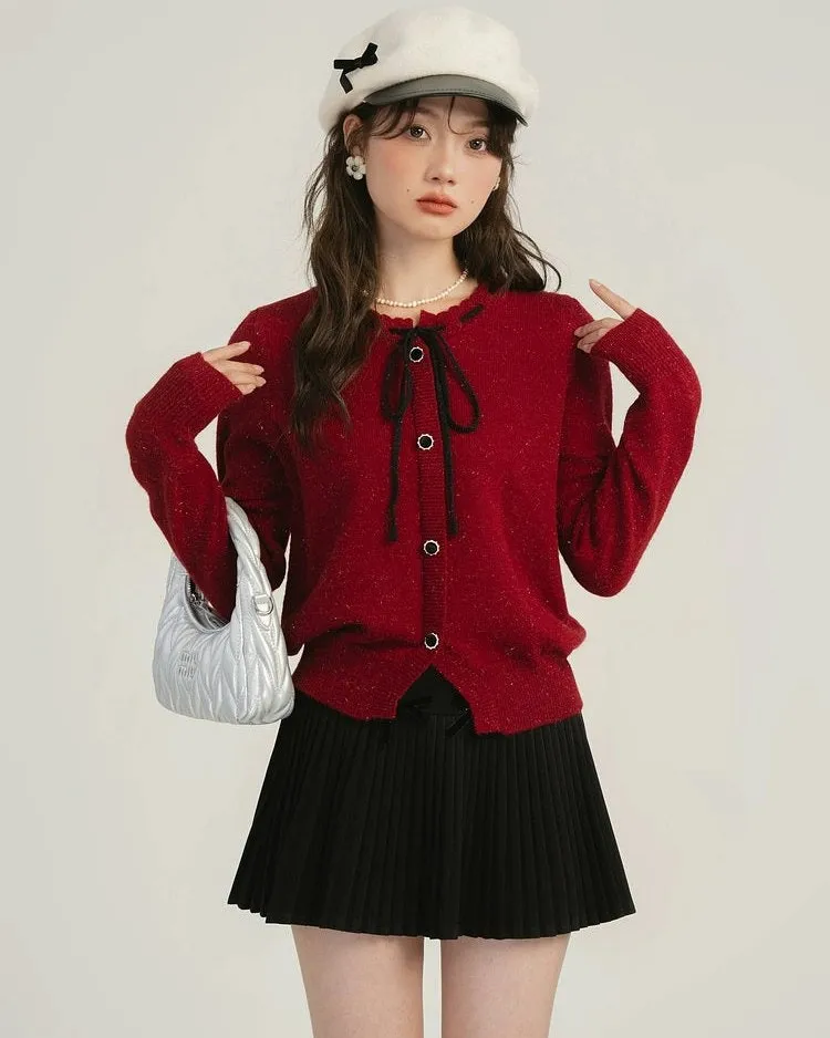 Pleated High-Waist Mini Skirt with Bow Accents