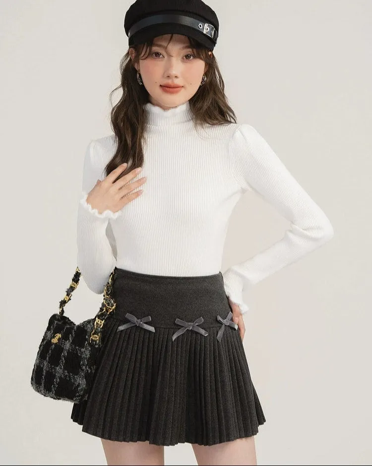 Pleated High-Waist Mini Skirt with Bow Accents