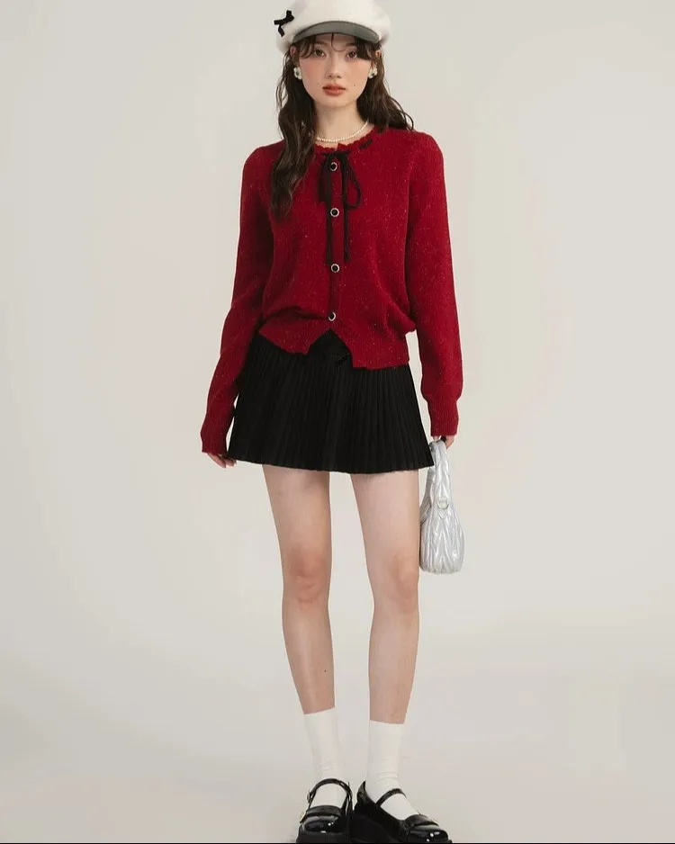 Pleated High-Waist Mini Skirt with Bow Accents