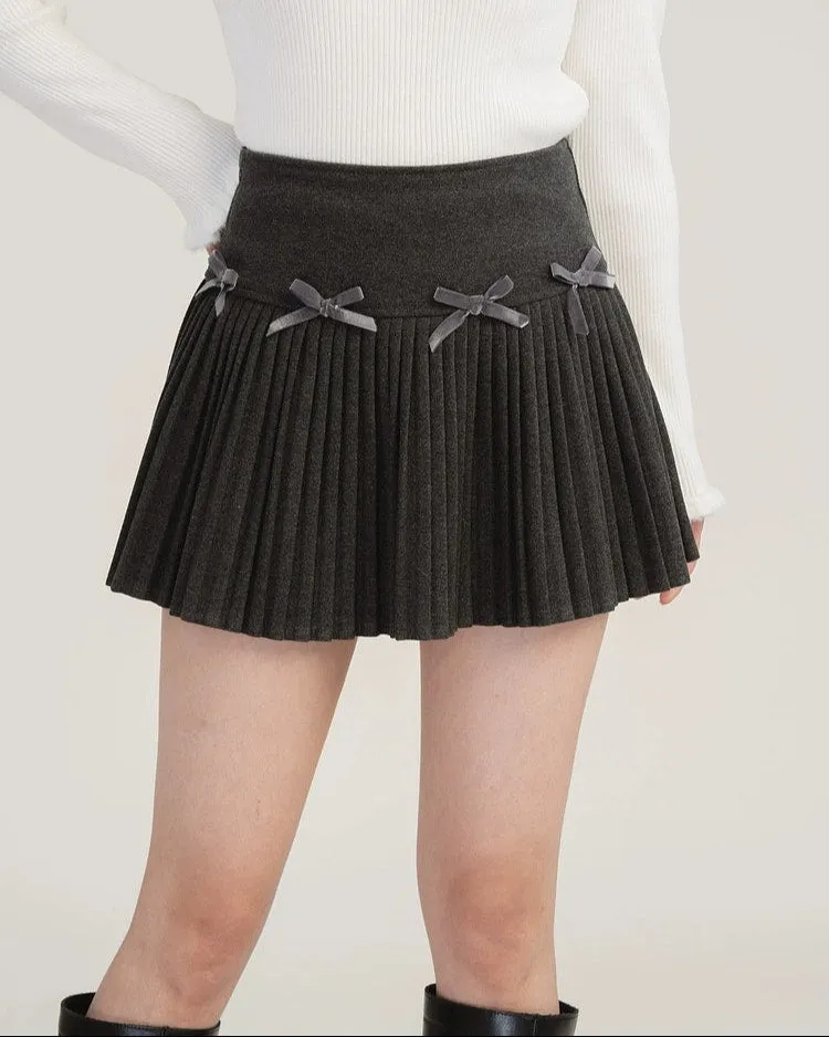 Pleated High-Waist Mini Skirt with Bow Accents