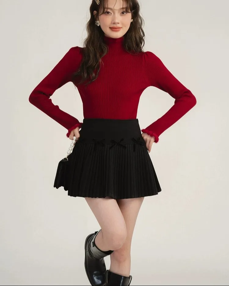 Pleated High-Waist Mini Skirt with Bow Accents