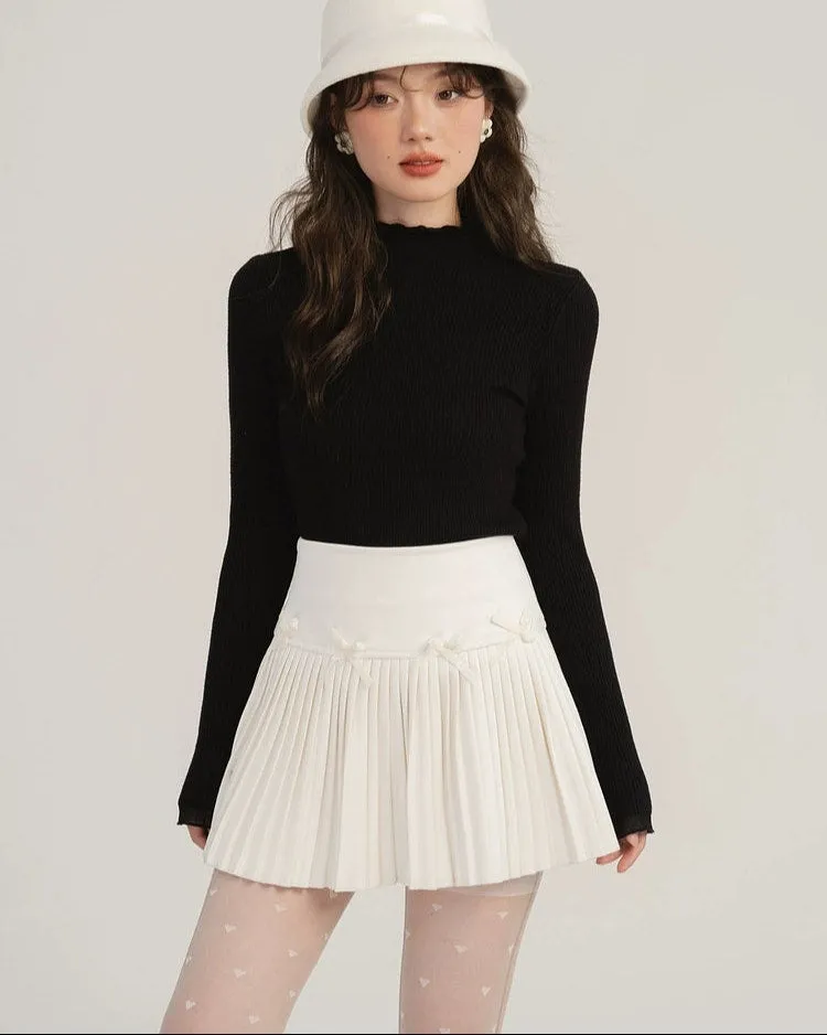 Pleated High-Waist Mini Skirt with Bow Accents