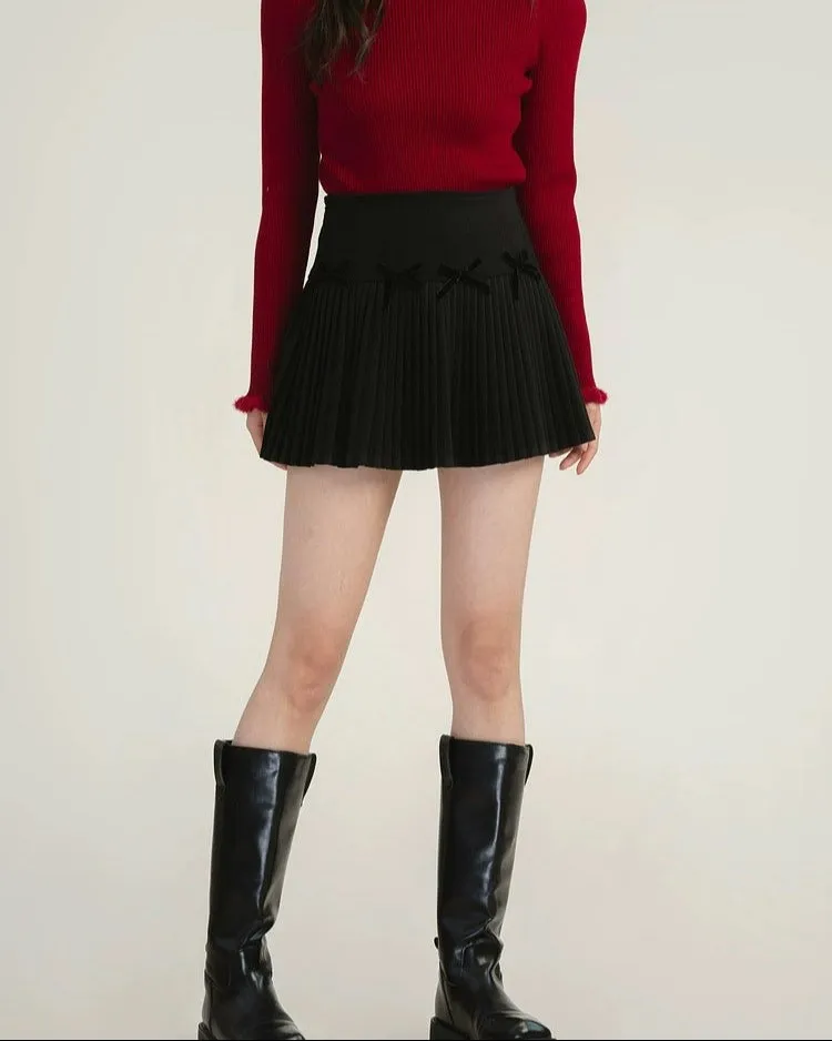 Pleated High-Waist Mini Skirt with Bow Accents