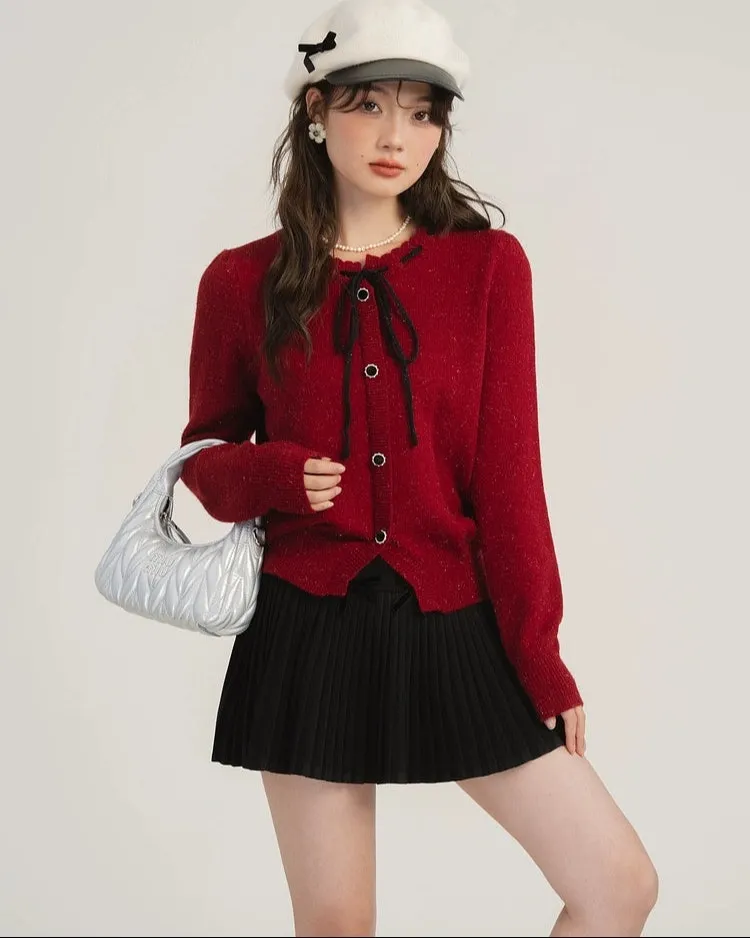 Pleated High-Waist Mini Skirt with Bow Accents