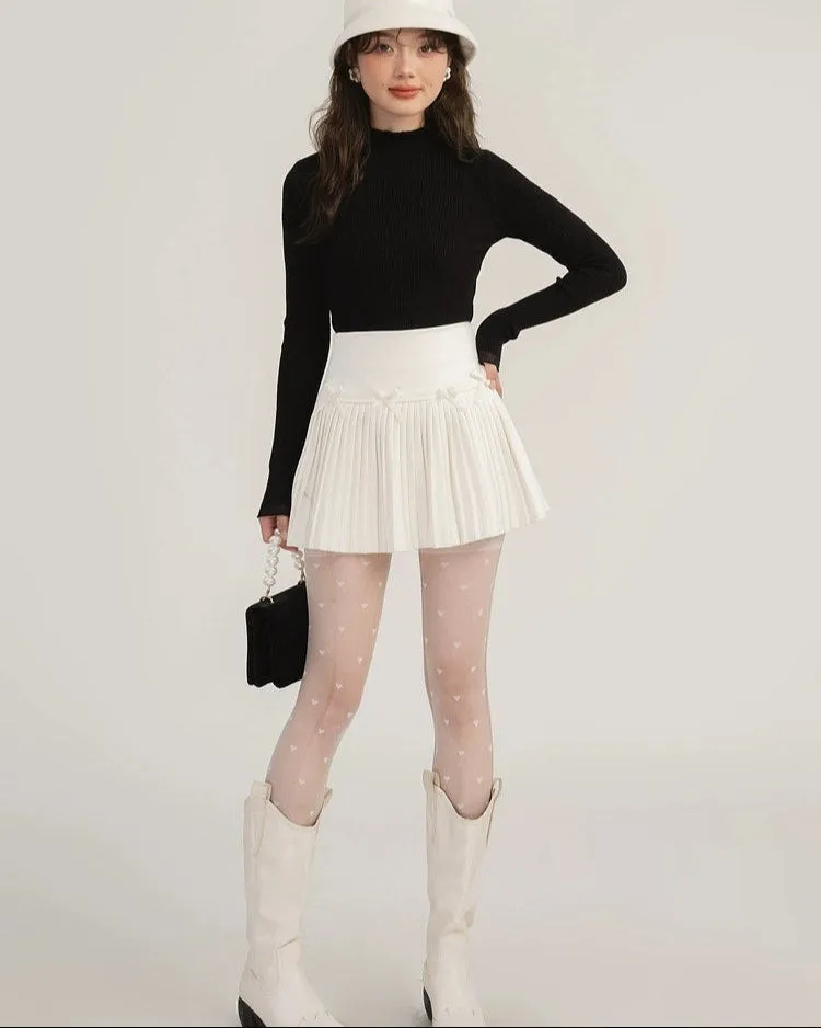 Pleated High-Waist Mini Skirt with Bow Accents