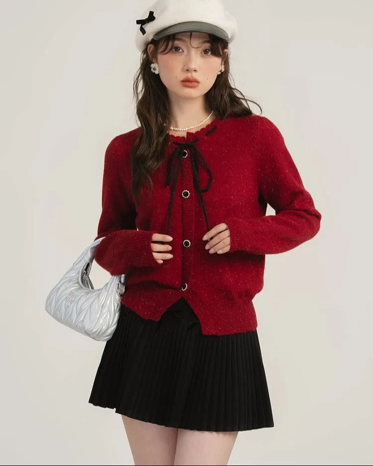 Pleated High-Waist Mini Skirt with Bow Accents