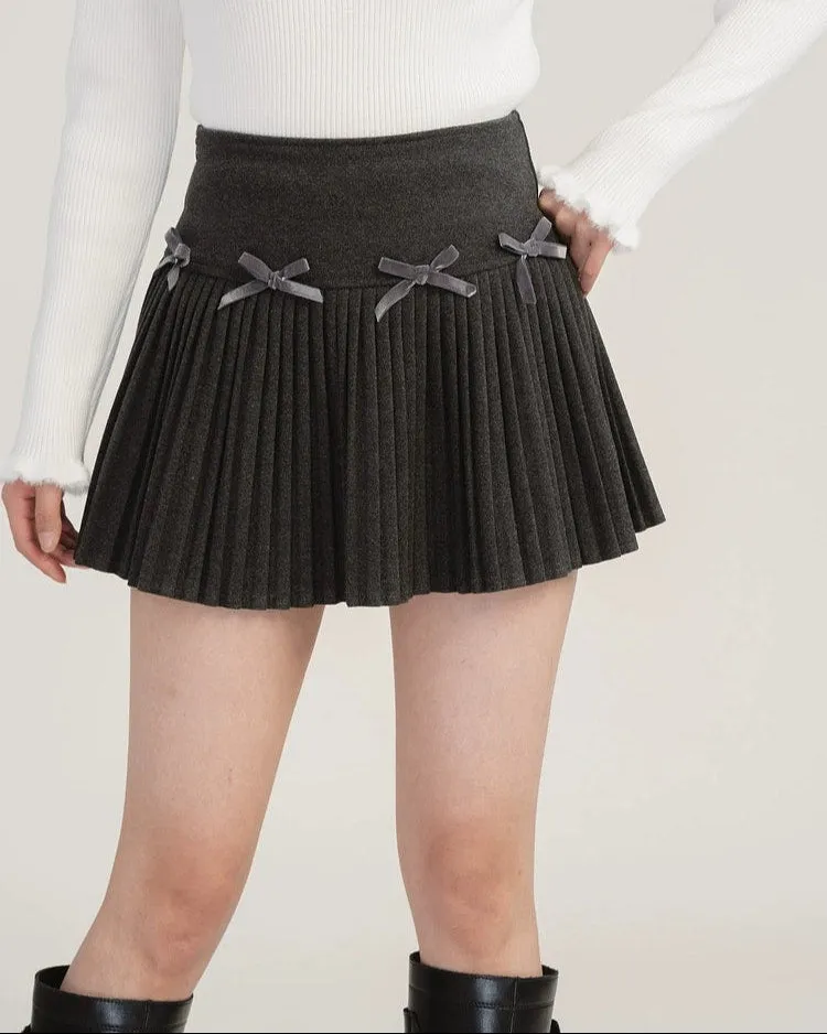 Pleated High-Waist Mini Skirt with Bow Accents