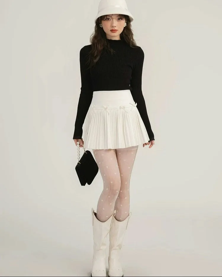 Pleated High-Waist Mini Skirt with Bow Accents