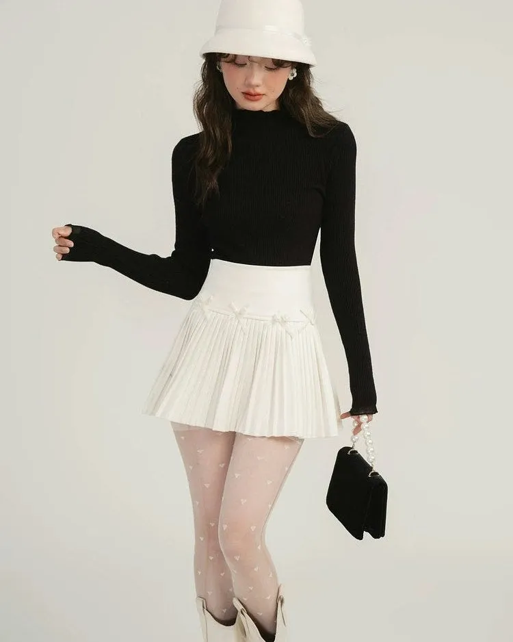 Pleated High-Waist Mini Skirt with Bow Accents