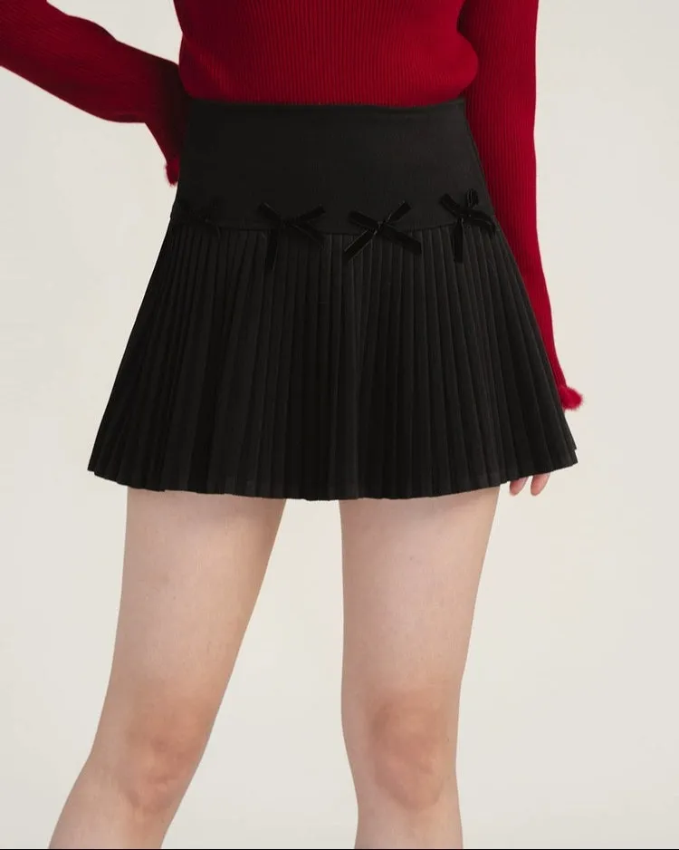 Pleated High-Waist Mini Skirt with Bow Accents