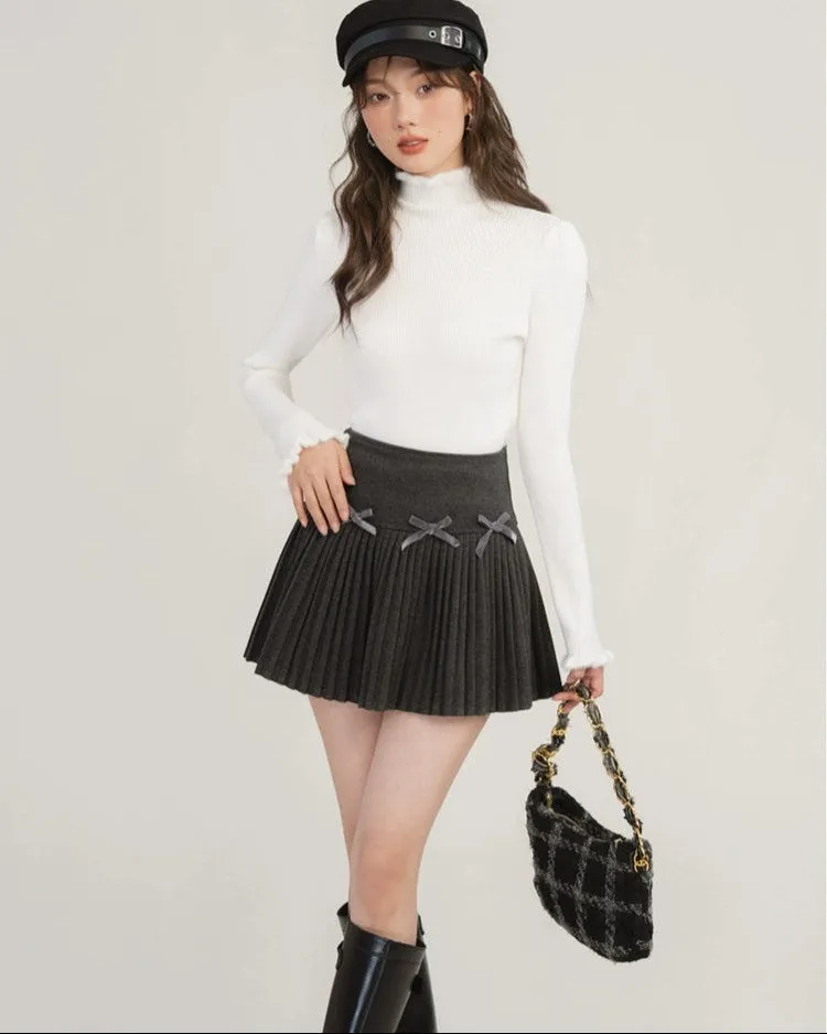 Pleated High-Waist Mini Skirt with Bow Accents