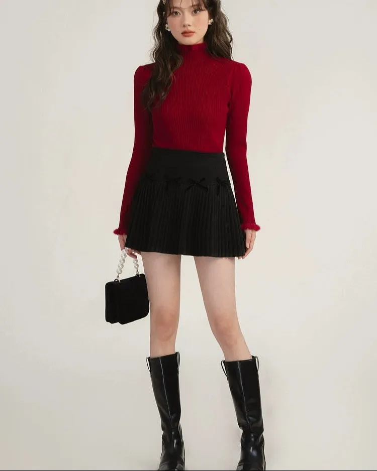 Pleated High-Waist Mini Skirt with Bow Accents