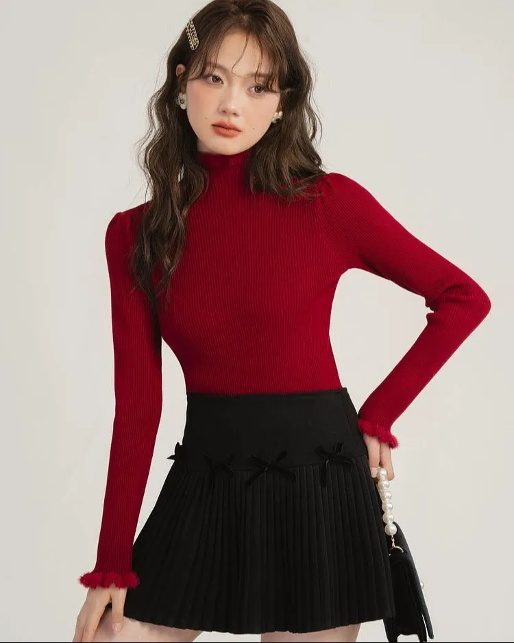 Pleated High-Waist Mini Skirt with Bow Accents