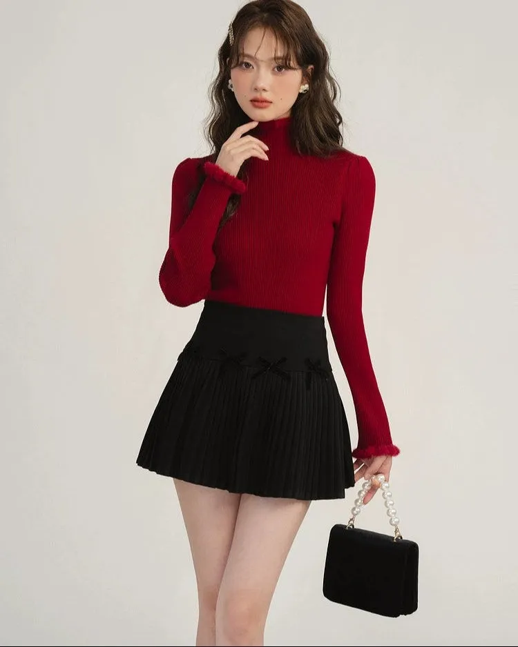 Pleated High-Waist Mini Skirt with Bow Accents