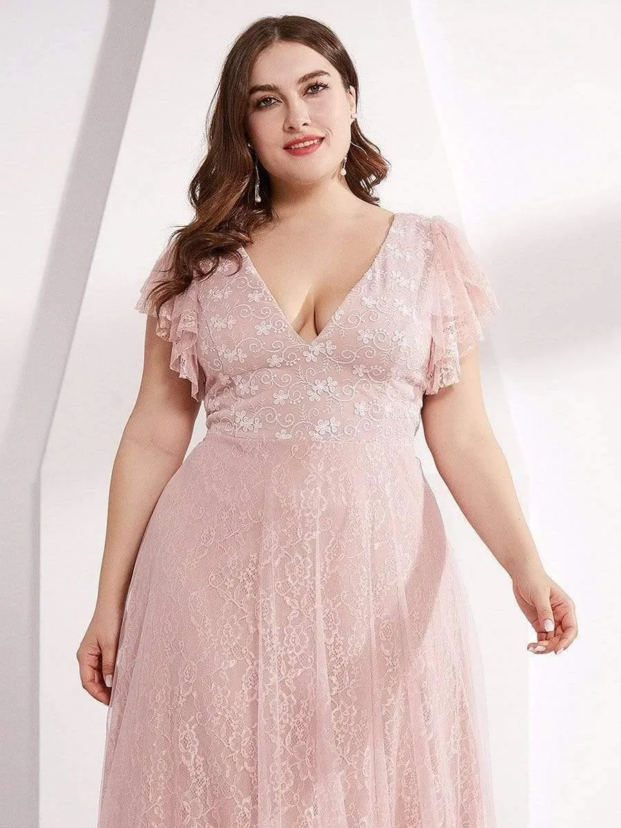 Plus Size Cap Sleeve Floral Lace Long Formal Dresses