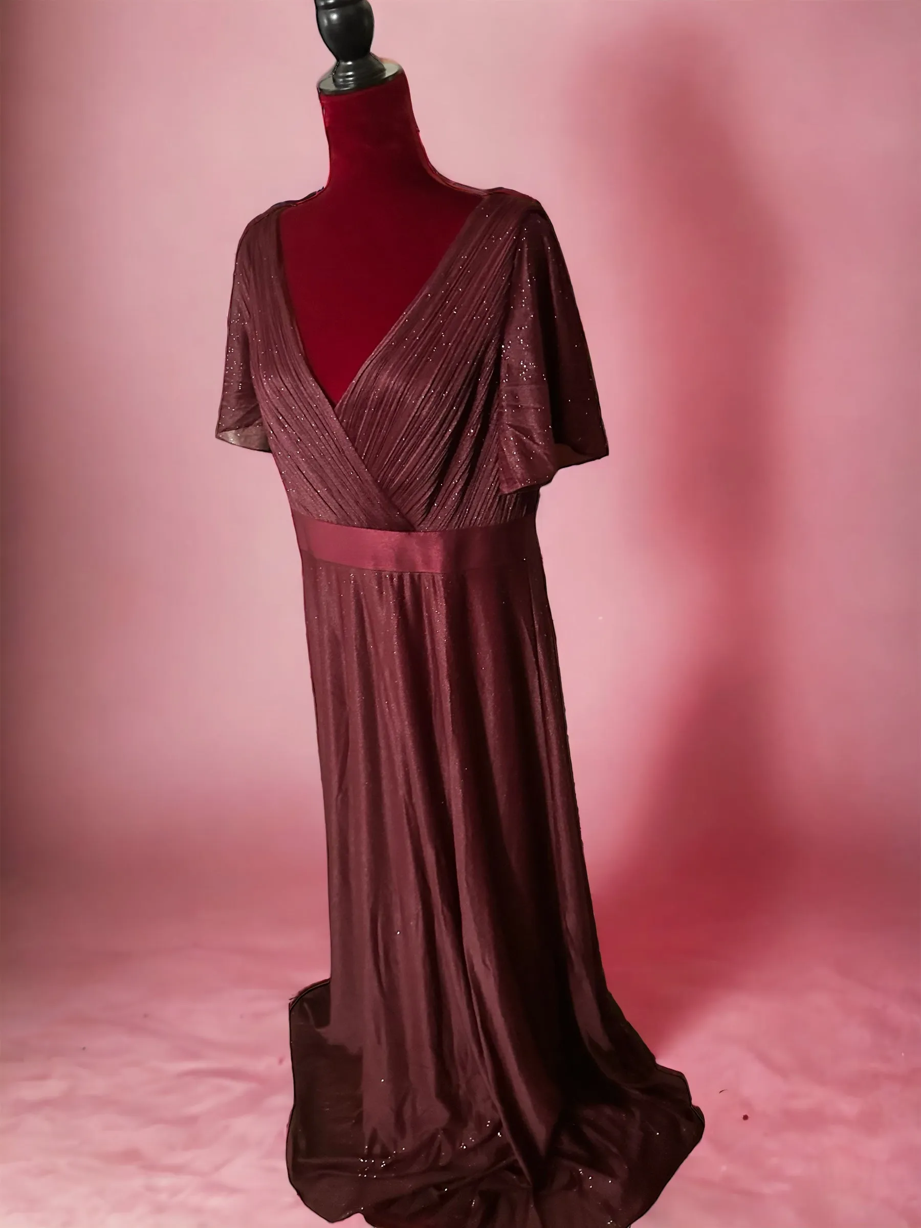 Plus Size V Neck Ribbon Waist Formal Evening Dress With Sleeves