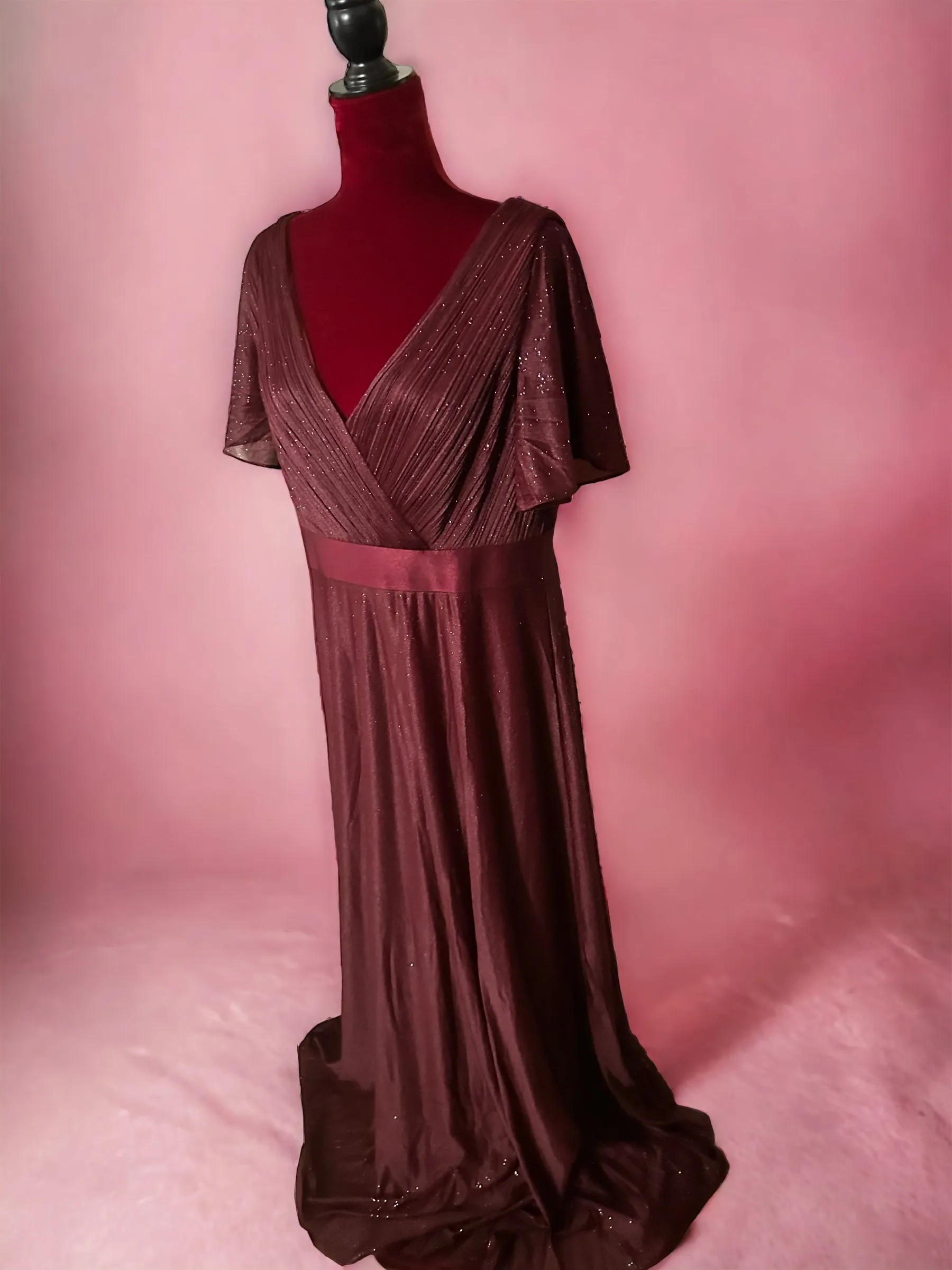 Plus Size V Neck Ribbon Waist Formal Evening Dress With Sleeves