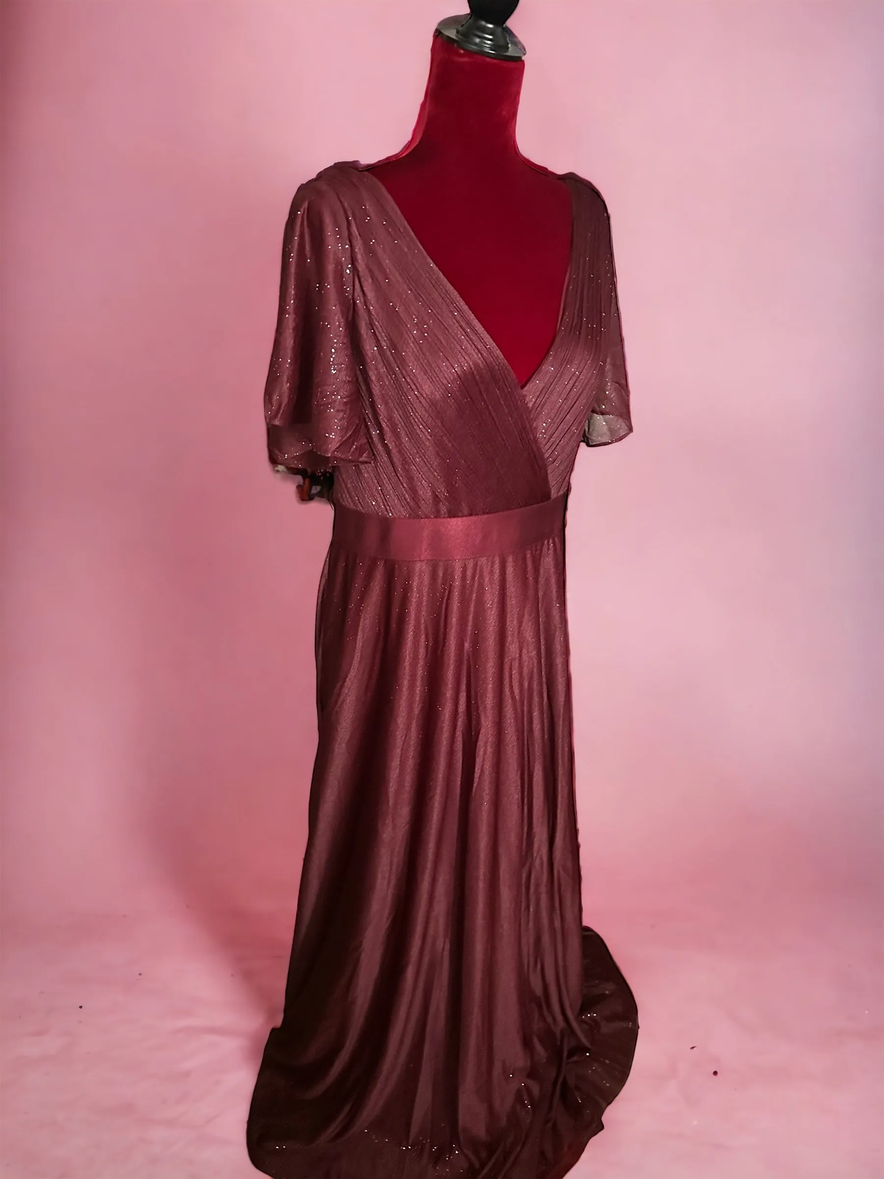 Plus Size V Neck Ribbon Waist Formal Evening Dress With Sleeves