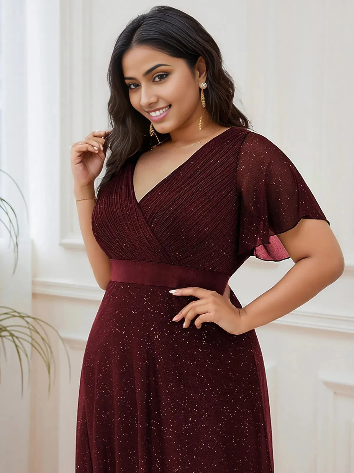 Plus Size V Neck Ribbon Waist Formal Evening Dress With Sleeves