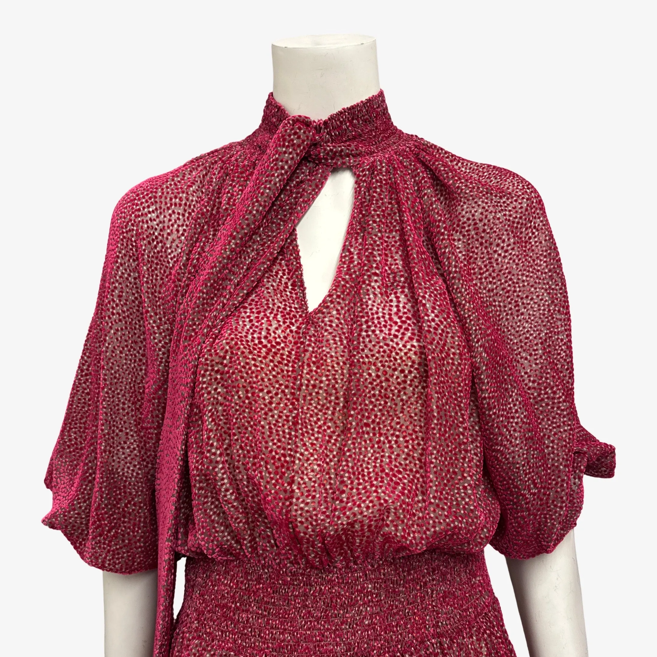 Prada Dotted Red and Pink Velvet and Mesh Neck Tie Dress