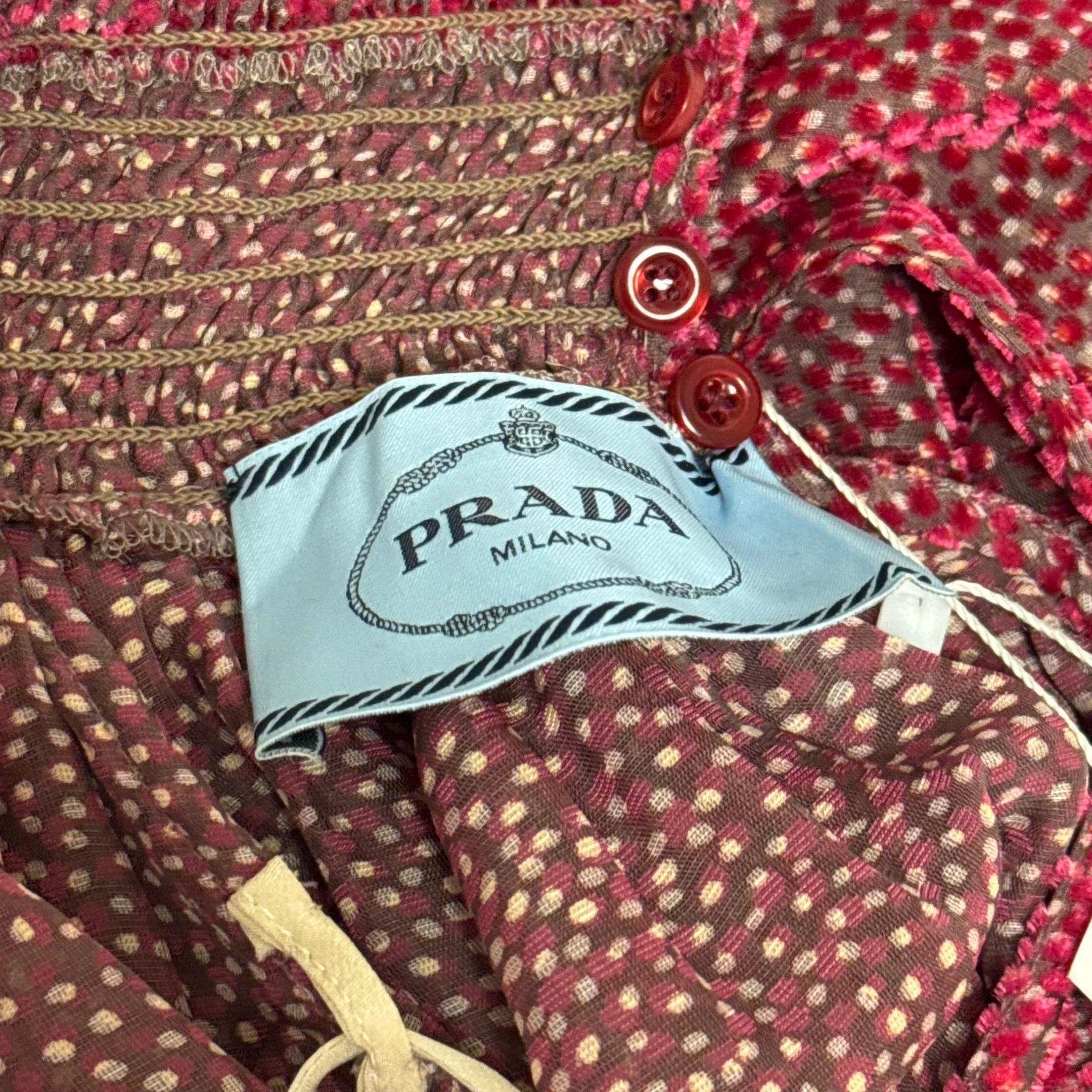 Prada Dotted Red and Pink Velvet and Mesh Neck Tie Dress