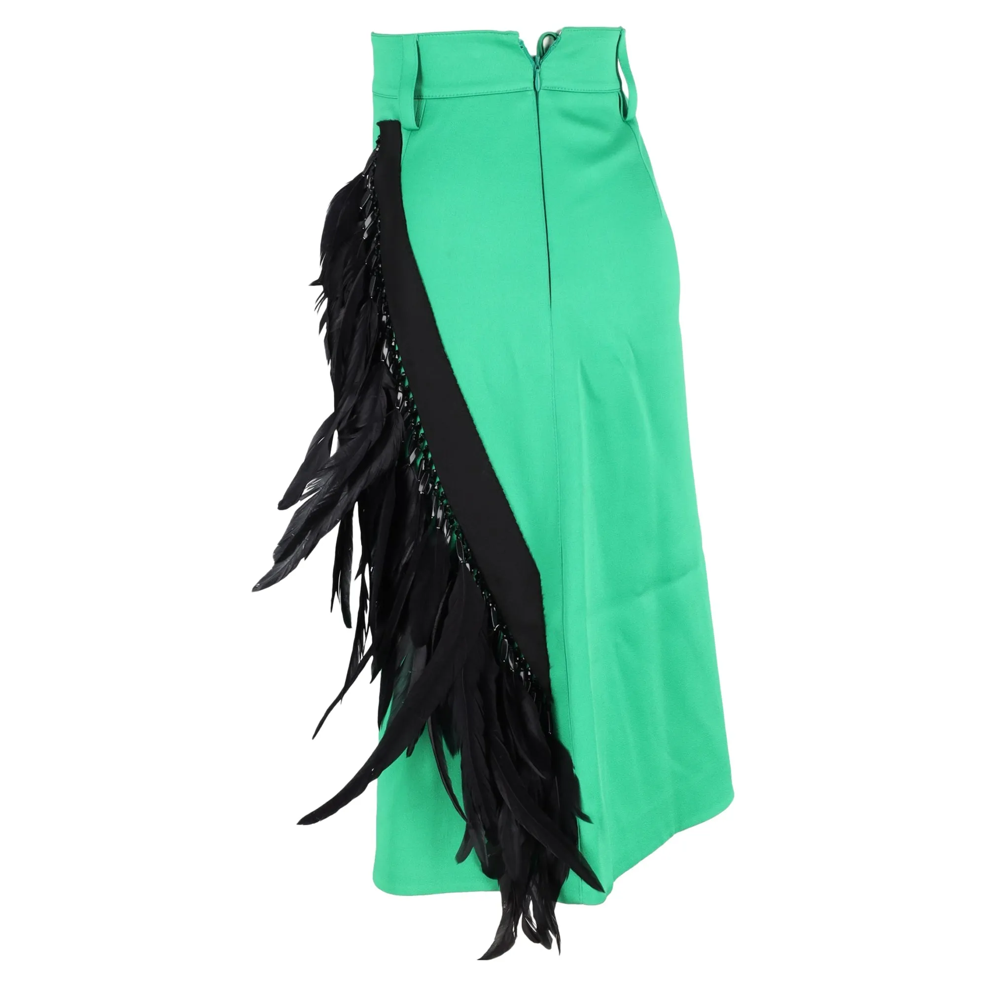 Prada Feather-Trimmed Knee-Length A-Line Skirt in Green Wool
