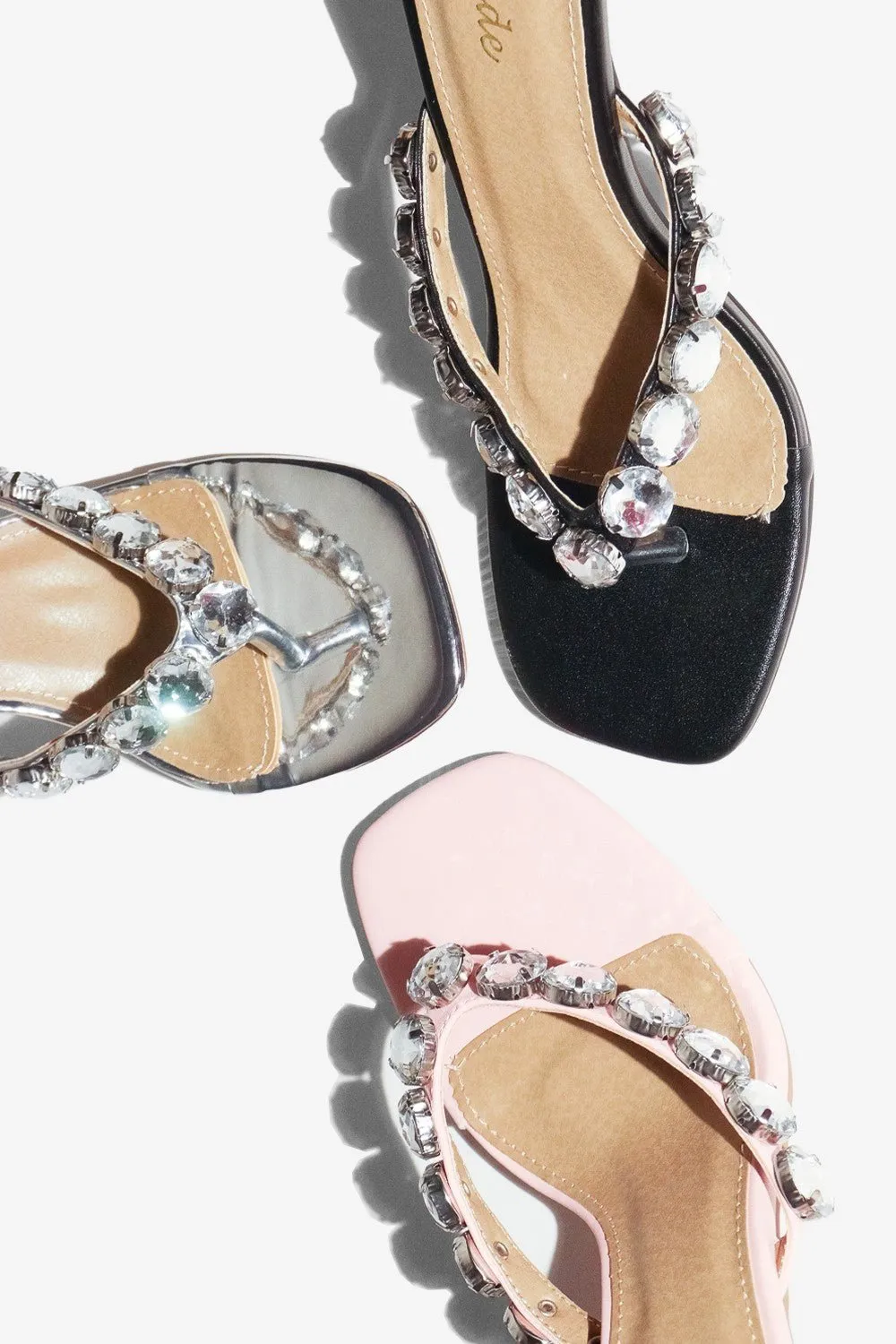 Princessa Rhinestone Studded Thong Strap High Heel Mules