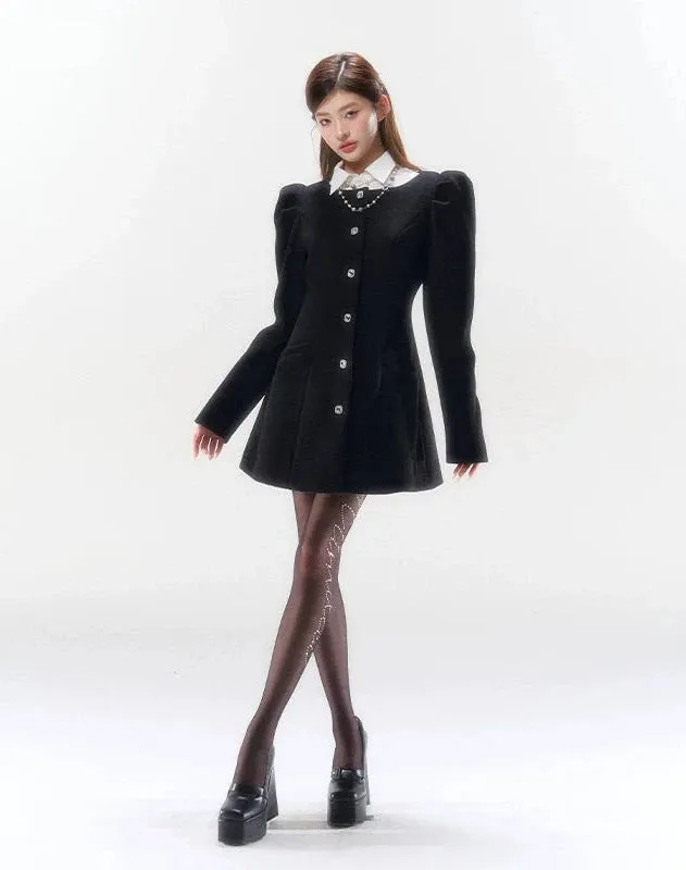 Puff Long Sleeve Button Mini Dress with Pockets